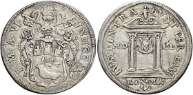 Roma. Innocenzo X (Giovanni Battista Pamphilj), 1644-1655 

Testone del Giubileo 1650 anno VI, AR 9,46 g. INNOC X – P M A VI Stemma sormontato da tr...