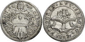 Roma. Clemente XI (Gianfrancesco Albani), 1700-1721 

Testone anno II/1702, AR 9,05 g. CLEMENS XI – PONT M A II Stemma sormontato da triregno e chia...