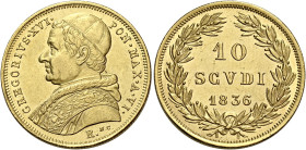 Roma. Gregorio XVI (Bartolomeo Alberto detto Mauro Cappellari della Colomba), 1831-1846.

Da 10 scudi anno VI/1836, AV. Pagani 157b. MIR 3101/6. Fri...