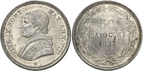 Roma. Pio IX (Giovanni Maria Mastai Ferretti), 1846-1878 

Da 50 baiocchi anno VIII/1853, AR. Pagani 402. MIR 3138/4.
Migliore di Spl