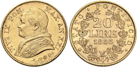 Roma. Monetazione decimale, 1866-1870 

Da 20 lire anno XXI/1866, AV. Pagani 529. MIR 3162/3.
Spl