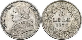Roma. Monetazione decimale, 1866-1870 

Da 5 lire anno XXV/1870, AR. Pagani 550. MIR 3165/3.
Patina iridescente, migliore di Spl