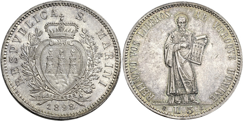 San Marino. Repubblica. Prima monetazione, 1864-1938 

Da 5 lire 1898, AR. Rom...