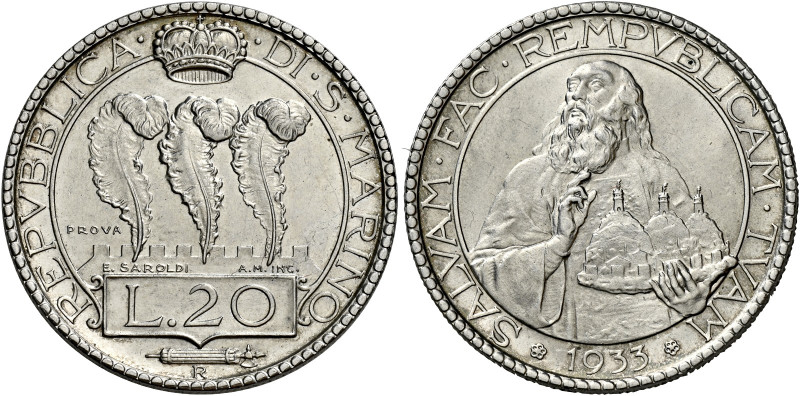 San Marino. Repubblica. Prima monetazione, 1864-1938 

Da 20 lire 1933 Prova, ...