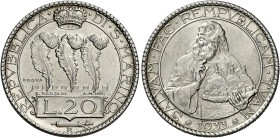San Marino. Repubblica. Prima monetazione, 1864-1938 

Da 20 lire 1933 Prova, AR. Roma. Pagani Prove 568.
Rarissima. q.Fdc