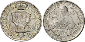 San Marino. Repubblica. Prima monetazione, 1864-1938 

Da 10 lire 1938 Prova, AR. Roma. Pagani Prove 581.
Molto rara. q.Fdc

Ex asta Nomisma 25, ...
