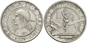 San Marino. Repubblica. Prima monetazione, 1864-1938 

Da 5 lire 1935 Prova, AR. Roma. Pagani Prove 590.
Molto rara. Spl