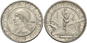 San Marino. Repubblica. Prima monetazione, 1864-1938 

Da 5 lire 1937 Prova, AR. Roma. Pagani Prove 592.
Molto rara. Migliore di Spl

Ex asta Nom...