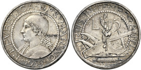 San Marino. Repubblica. Prima monetazione, 1864-1938 

Da 5 lire 1938 Prova, AR. Roma. Pagani Prove 593.
Molto rara. Fdc

Ex asta Nomisma 24, 200...