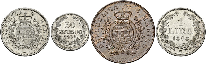 San Marino. Lotto di tre monete 

Lira 1898, da 50 centesimi 1898, da 10 cente...