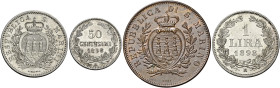 San Marino. Lotto di tre monete 

Lira 1898, da 50 centesimi 1898, da 10 centesimi 1875, AR Roma. Pagani 367, 369, 370.
Da Spl a Fdc