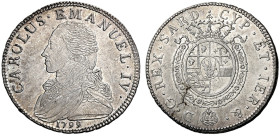 Savoia. Carlo Emanuele IV, 1796-1800. Occupazione Austro-Russa, 26 maggio 1799 – 16 giugno 1800.

Mezzo scudo 1799 Torino. Pagani 3. MIR 1012c.
Mol...