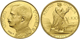 Savoia. Vittorio Emanuele III re d'Italia, 1900-1946 

Progetto da 100 lire 1907. Bronzo dorato. Stabilimento Johnson Milano. Pagani prove 146.
Rar...