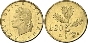 Savoia. Repubblica Italiana, dal 1946. Monetazione in lire, 1946-2001.

Da 20 lire 1956 P in ovale, Ba.
Molto rara. Fdc
