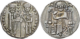 Venezia. Pietro Gradenigo, 1289-1311 

Grosso, AR 2,19 g. PE GRADONIGO – S M VENETI S. Marco stante a d., di fronte, porge il vessillo al doge, stan...