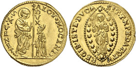Venezia. Alvise II Mocenigo, 1700-1709 

Zecchino, AV 3,51 g. ALOY MOCENI – S M VENET S. Marco nimbato, stante a s., porge il vessillo al doge genuf...