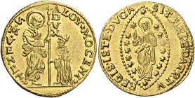 Venezia. Alvise II Mocenigo, 1700-1709 

Zecchino, AV 3,51 g. ALOY MOCENI – S M VENET S. Marco nimbato, stante a s., porge il vessillo al doge genuf...