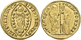 Venezia. Giovanni II Corner, 1709-1722 

Zecchino, AV 3,50 g. IOAN CORNEL – S M VENET S. Marco nimbato, stante a s., porge il vessillo al doge genuf...