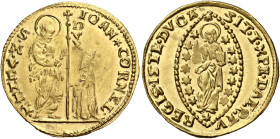 Venezia. Giovanni II Corner, 1709-1722 

Zecchino, AV 3,50 g. IOAN CORNEL – S M VENET S. Marco nimbato, stante a s., porge il vessillo al doge genuf...