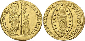 Venezia. Alvise III Mocenigo, 1722-1732 

Zecchino, AV 3,48 g. ALOY MOCENI – S M VENET S. Marco nimbato, stante a s., porge il vessillo al doge genu...