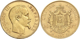 Francia. Napoleone III, 1852-1870 

Da 50 franchi 1857 Parigi. Friedberg 571.
Colpetto sul bordo al dr., altrimenti buon BB
