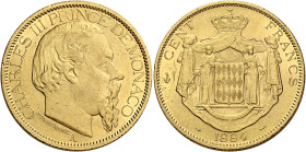 Monaco, Principato. Carlo III, 1856-1889 

Da 100 franchi 1884 Parigi. Friedberg 11.
q.Spl