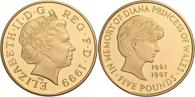 Regno Unito. Elisabetta II, 1952-2022 

Da 5 sovrane 1999 proof. Friedberg 445.
FS