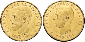 Romania. Carlo I, 1881-1914 

Da 100 lei 1906 Bruxelles, AV. 40° anniversario di regno. Friedberg 4.
Molto rara. Spl

In slab NGC AU 58, certific...