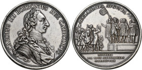 Spagna. Carlo III, 1759-1788 

Medaglia 1759, AR 88,55 g. Ø 55 mm. Opus: T. F. Prieto Per la proclamazione a re di Spagna. CAROLVS III BORBONIVS REX...