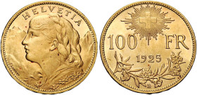 Svizzera. Confederazione, 1848- 

Da 100 franchi 1925 Berna. Friedberg 502.
Molto rara. q.Fdc

In slab NGC MS 63, certificato n. 8358338-006.