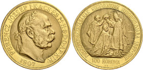 Ungheria. Francesco Giuseppe, 1848-1916 

Da 100 corone 1907 Kremnitz. 40° anniversario dell’incoronazione in Buda. Friedberg 256.
Ritocchi sui fon...