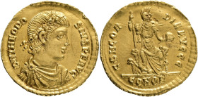 Roman Theodosius I. Gold Solidus, AD 380-381. Constantinople. Obv: D N THEODOSIVS P F AVG, rosette-diademed, draped and cuirassed bust right. Rev: CON...
