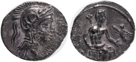 CILICIA, Uncertain AR Obol, 4th Century BC.Obv: Baaltars seated right, holding lotus-tipped scepter with eagle landing on his extended left hand.Rev: ...