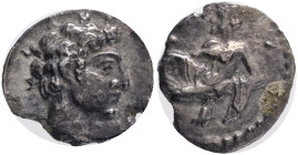 CILICIA.Mallos.(circa 385-375 BC).Obol.Obv : Laureate head of Apollo (?) to left.Rev : Baaltars seated right, holding grain ear and grapes in his left...