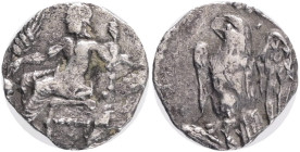 CILICIA.Uncertain.(4th century BC).Obol.Obv : Eagle standing left on Plow.Rev : Baaltars seated left, holding grain ear, grapes and sceptre.Ref.:SNG F...