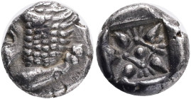 IONIA. Miletos. (Late 6th-early 5th centuries BC).AR Diobol.Obv: Forepart of lion right, head left.Rev: Stellate floral design; all within incuse squa...