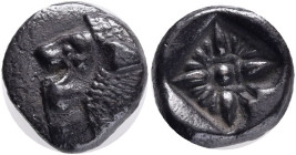 IONIA. Miletos. (Late 6th-early 5th centuries BC).AR Diobol.Obv: Forepart of lion right, head left.Rev: Stellate floral design; all within incuse squa...