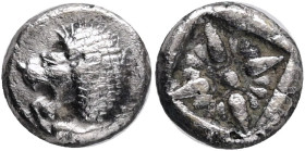IONIA. Miletos. (Late 6th-early 5th centuries BC).AR Obol.Obv: Forepart of lion right, head left.Rev: Stellate floral design; all within incuse square...