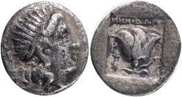 Islands off Caria, Rhodos. Rhodes. Ca. 188-170 B.C. AR drachm, Menodoros, magistrate.Obv.: Radiate head of Helios right, Rev.: Rose with bud to right;...