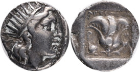 Islands off Caria, Rhodos. Rhodes. Ca. 188-170 B.C. AR drachm, Artemon, magistrate.Obv.: Radiate head of Helios right, Rev.: Rose with bud to right; I...