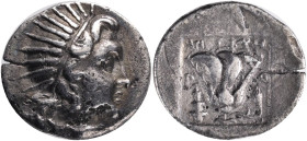 Islands off Caria, Rhodos. Rhodes. Ca. 188-170 B.C. AR drachm,Aristoboulos, magistrate.Obv.: Radiate head of Helios right, Rev.: Rose with bud to righ...