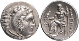 KINGS of MACEDON.Philip III.(323-317 BC).Lampsakos.Drachm.Obv : Head of Herakles right, wearing lion skin.Rev : ΦΙΛΙΠΠΟΥ.Zeus seated left on backless ...