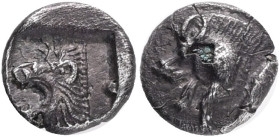 Kyzikos AR Obol. Circa 450-400 BC. Obv.:Forepart of boar to left, tunny fish behind , Rev.: Head of roaring lion to left within incuse square.Ref.: SN...