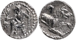 LYCAONIA. Laranda. (Circa 324/3 BC).AR obol. Obv: Baaltars seated left, holding grain ear and grape bunch in his right hand and scepter in his left. R...