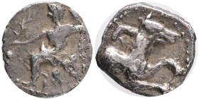 LYCAONIA. Laranda. (Circa 324/3 BC).AR obol. Obv: Baaltars seated left, holding grain ear and grape bunch in his right hand and scepter in his left. R...