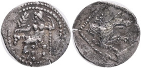 LYCAONIA.Laranda.(Circa 324-323 BC).Obol. Obv : Baaltars seated left, holding grain ear, bunch of grapes, and scepter.Rev : Forepart of wolf right; in...