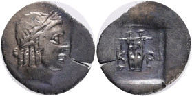 LYCIAN LEAGUE. Cragos/Kragos. (48-23 BC). AR. Hemidrachm.Obv: Laureate head of Apollo to right; [ΛY] across fields Rev: Lyre; K-P across upper fields,...