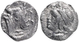 Mysia, Kyzikos AR Obol. Circa 460-410 BC.Obv.: Head of Attis left, wearing Phrygian cap; below, tunny. Rev.:KY-ZI clockwise, Z as H; head and neck of ...