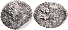 Mysia, Kyzikos, AR Hemiobol, 450-400BC Obv: Forepart of boar left; to right, tunny upward., Rev: Head of roaring lion left; star to upper left; all wi...