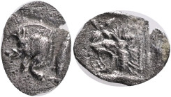Mysia, Kyzikos, AR Hemiobol, 450-400BC Obv: Forepart of boar left; to right, tunny upward., Rev: Head of roaring lion left; star to upper left; all wi...